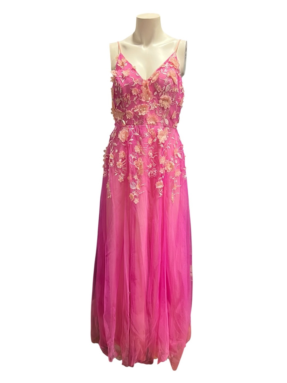 Teezeme vibrant azalea pink long tulle gown featuring a V-neckline dress